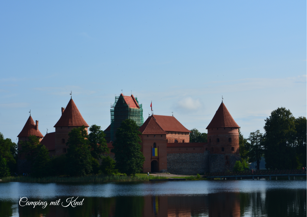 Der Blick auf eine Burg. Davor befindet sich Wasser